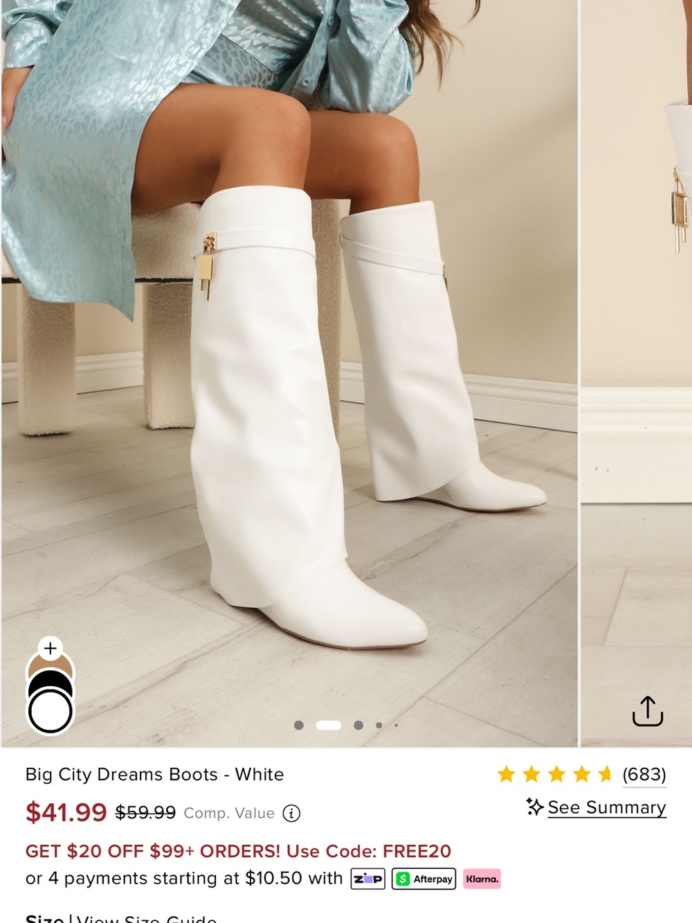 White Knee-High Leather Boots with Gold Padlock Accent